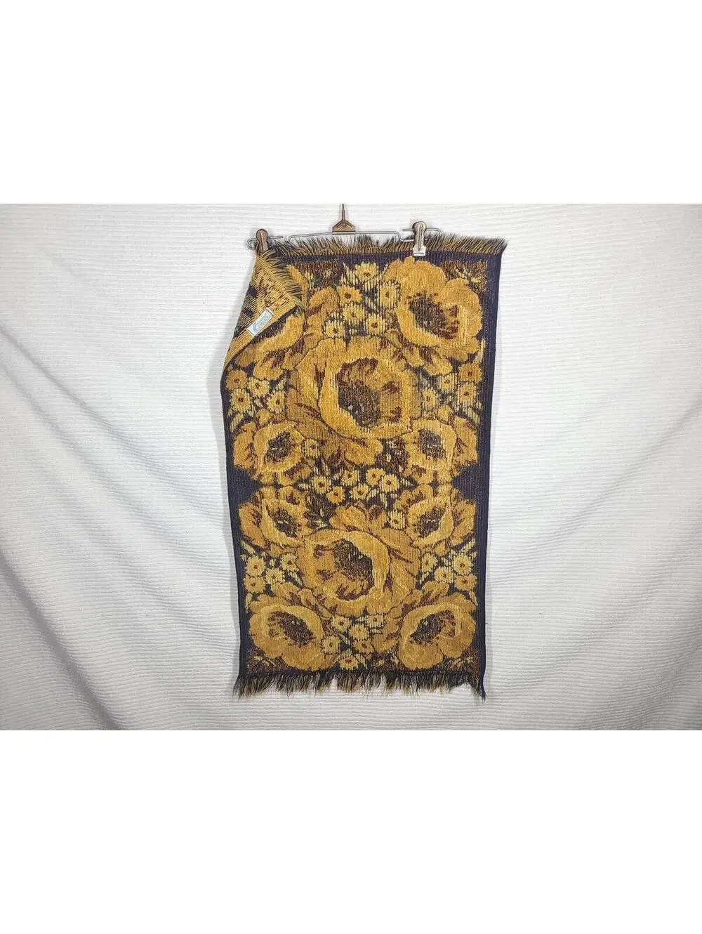 Vtg 70s Fieldcrest Poppies Bath Towel Black Gold 100% Cotton Bathmat Retro Rare